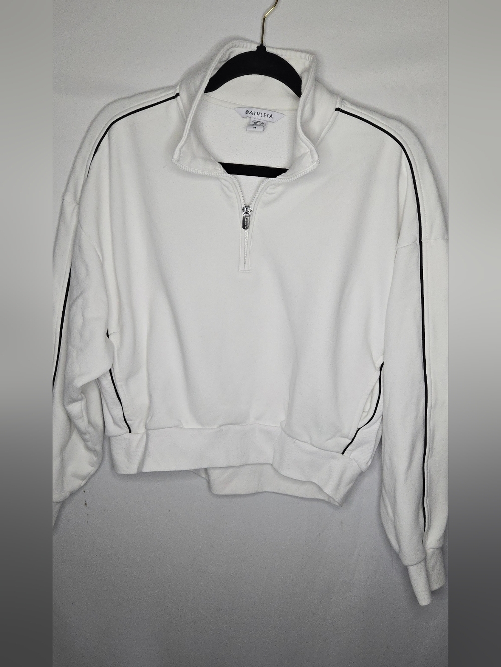 Athleta Green Forever Fleece White Half-Zip Pullover Black Trim Women's Medium